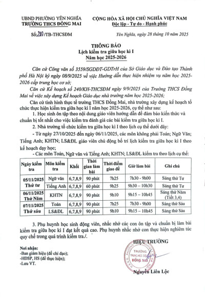Lịch kiểm tra giữa học kì I (năm học 2025-2026)