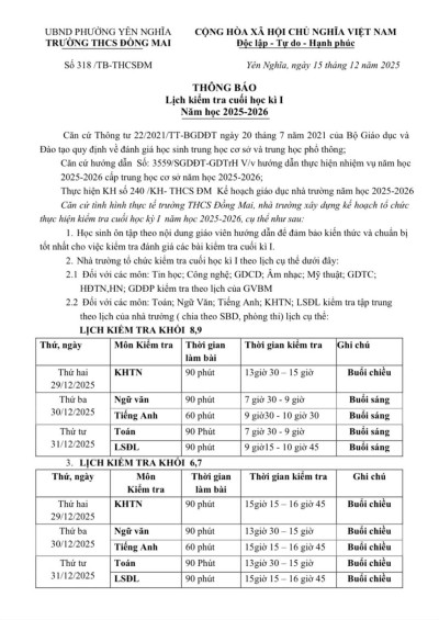 THÔNG BÁO LỊCH KIỂM TRA CUỐI HỌC KÌ I năm học 2025-2026