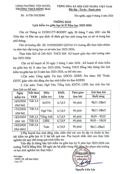 Lịch kiểm tra giữa học kì II năm học 2025-2026