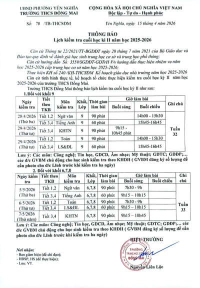Lịch kiểm tra cuối học kì II năm học 2025-2026