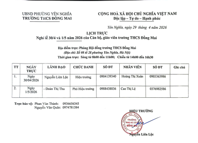 Lịch trực nghỉ lễ 30/4 và 1/5 năm 2026 của Cán bộ, giáo viên trường THCS Đồng Mai