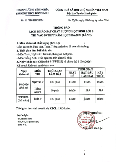 Lịch KSCL học sinh lớp 9 thi vào 10 THPT năm học 2026-2027 (Lần 2)