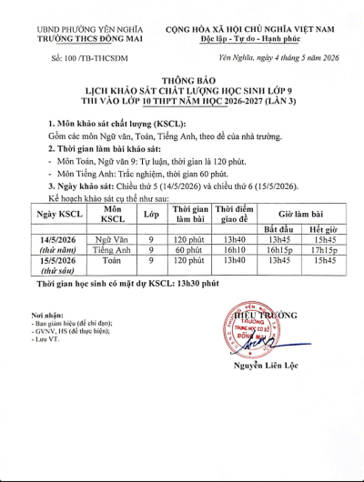 Lịch KSCL học sinh lớp 9 thi vào 10 THPT năm học 2026-2027 (Lần 3)