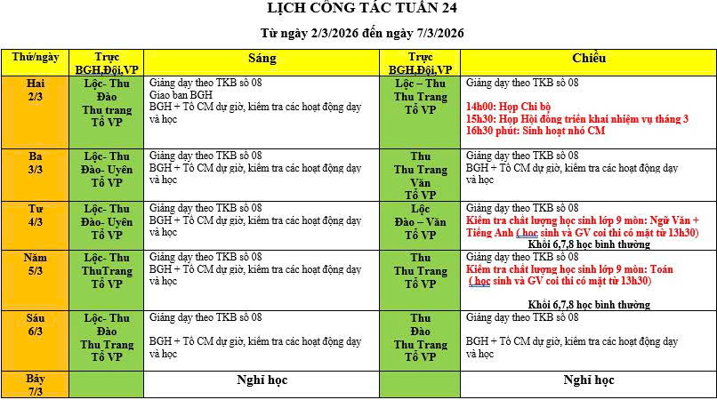Lịch công tác Tuần 24 (từ ngày 02/03/2026 đến 07/03/2026)