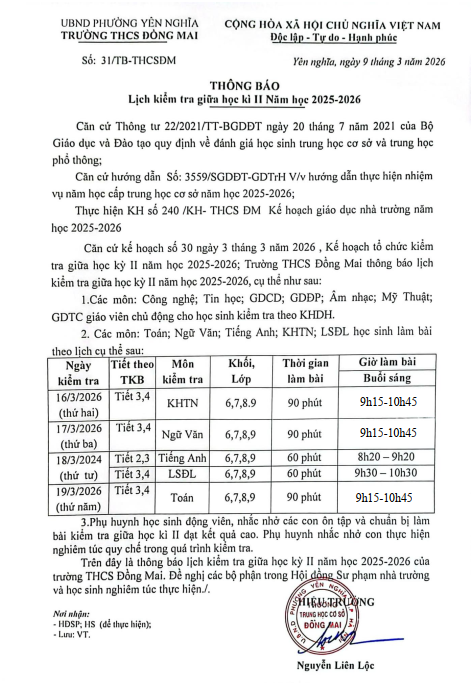 Lịch kiểm tra giữa học kì II năm học 2025-2026
