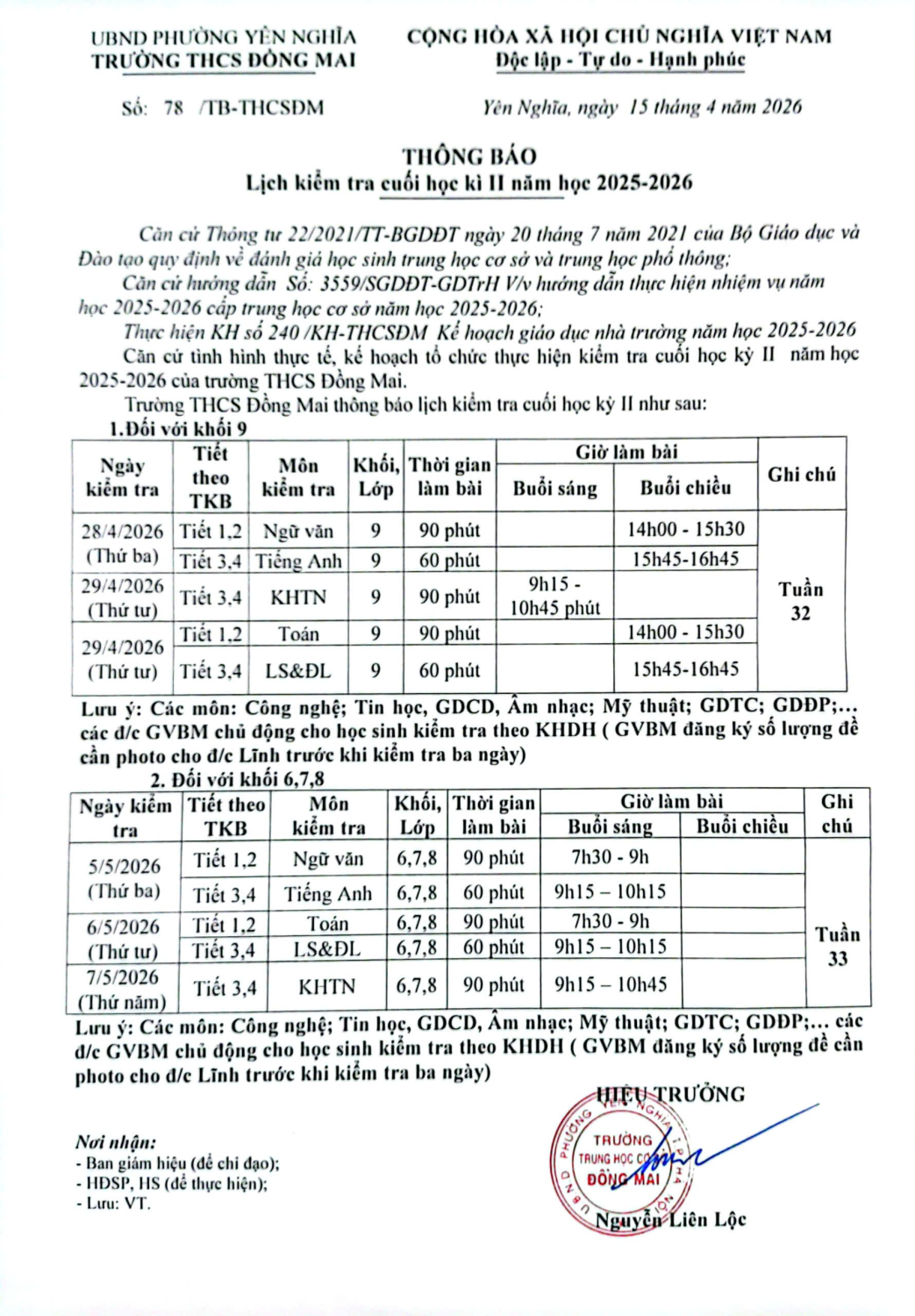 Lịch kiểm tra cuối học kì II năm học 2025-2026