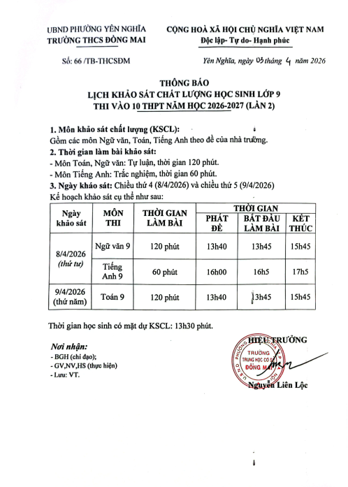 Lịch KSCL học sinh lớp 9 thi vào 10 THPT năm học 2026-2027 (Lần 2)